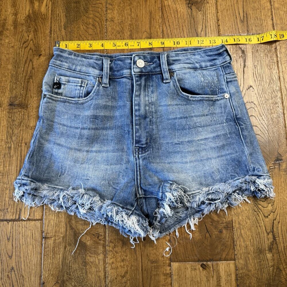 Kancan Cut Off Shorts Womens Sz L Med Wash Frayed Stretch Denim Style KC6358M - Picture 3 of 7
